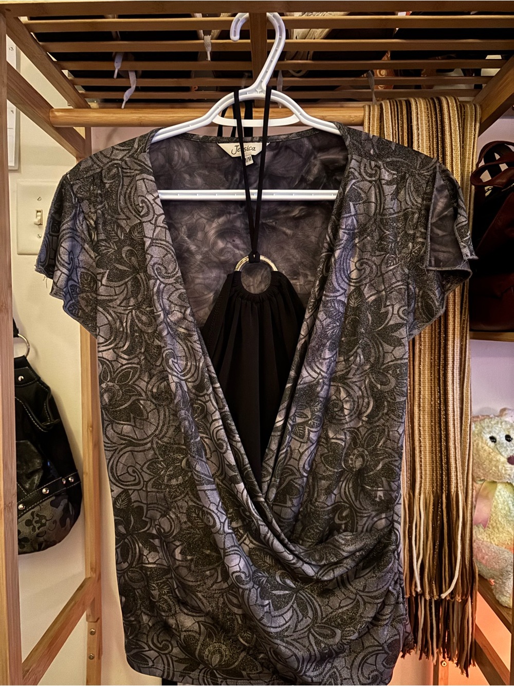Jessica Black & Gray Floral Built-in Halter neck top